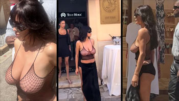 Bianca Censori nua em público pagando peitinho